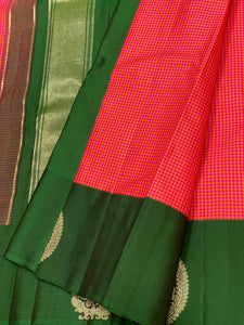 Classic Tomato Red Pink & Pine Green  Kanchipuram Handloom Silk Saree SS26164