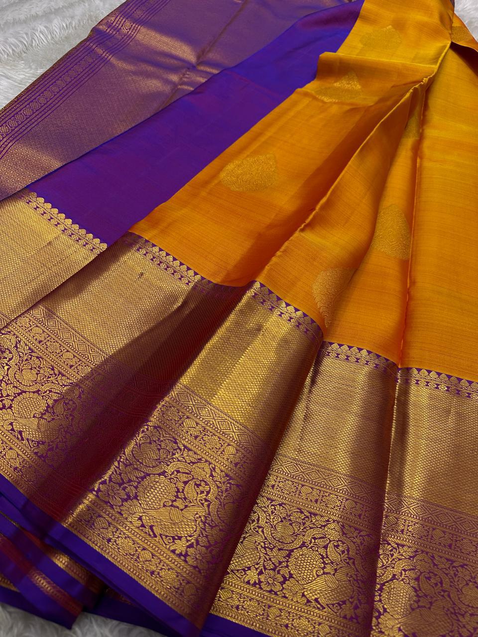 Classic Mango Yellow & Violet Kanchipuram Handloom Silk Saree SS26177