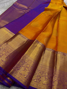 Classic Mango Yellow & Violet Kanchipuram Handloom Silk Saree SS26177