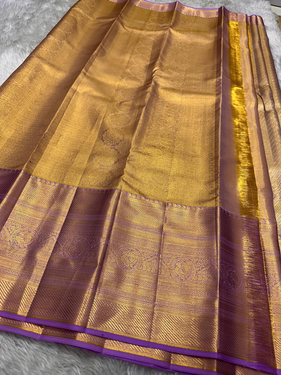 Shimmer Gold & Lavender Bridal Elegance Kanchipuram Handloom Silk Saree SS26181