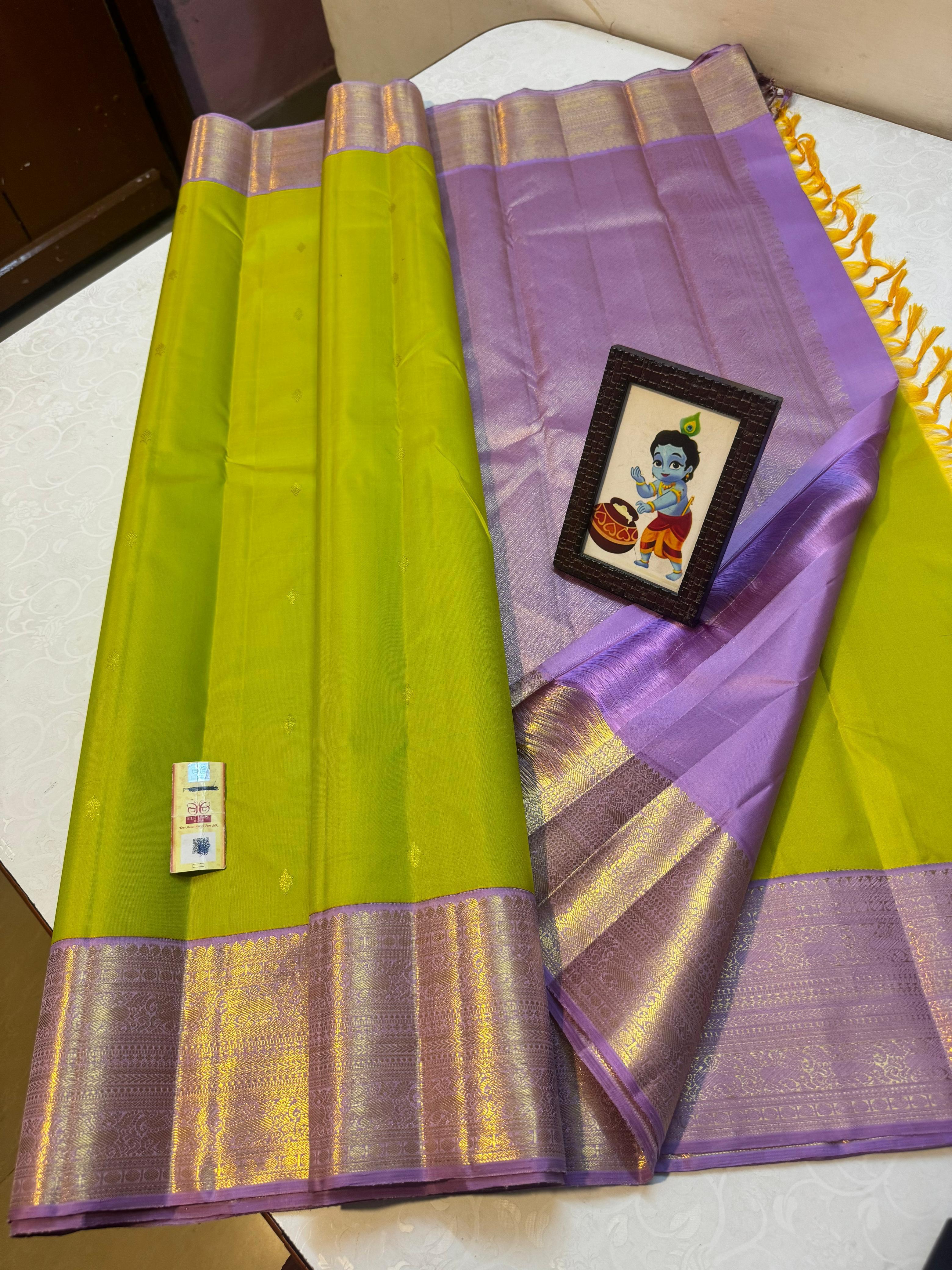 Classic Lime Green & Lavender 2gm Zari Kanchipuram Handloom Silk Saree SS26151