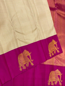 Classic Oatmeal Cream & Dark Pink Kanchipuram Handloom Silk Saree SS26166