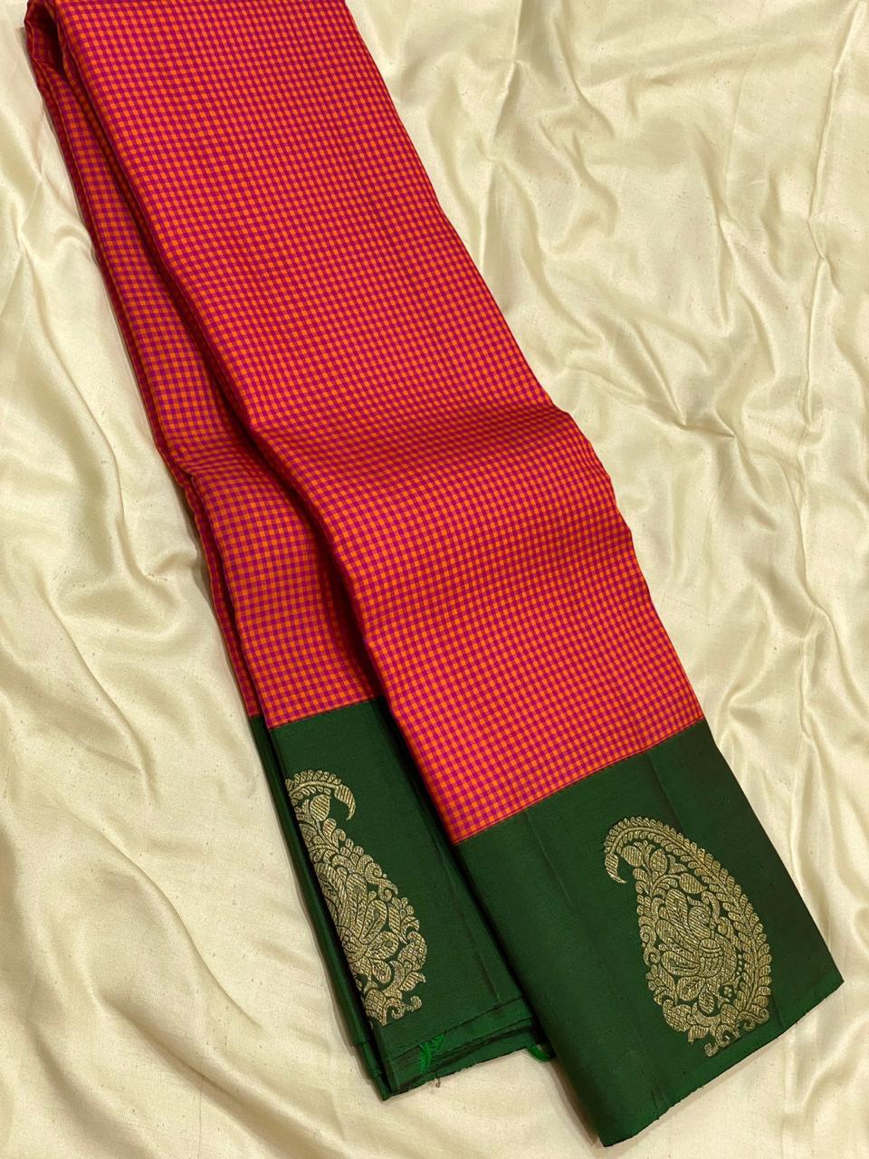 Classic Tomato Red Pink & Pine Green  Kanchipuram Handloom Silk Saree SS26164