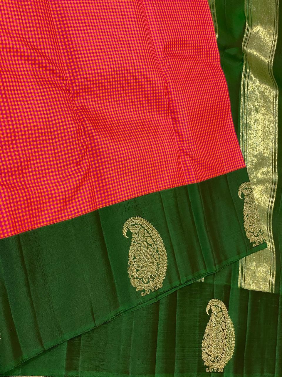 Classic Tomato Red Pink & Pine Green  Kanchipuram Handloom Silk Saree SS26164