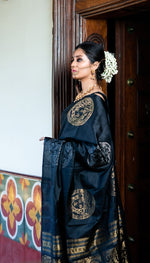 Load image into Gallery viewer, Charcoal Black Versace Elegance Kanchipuram Handloom Silk Saree SS8203
