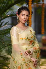 Load image into Gallery viewer, Yellow Hand Painted Organza Silk Saree
